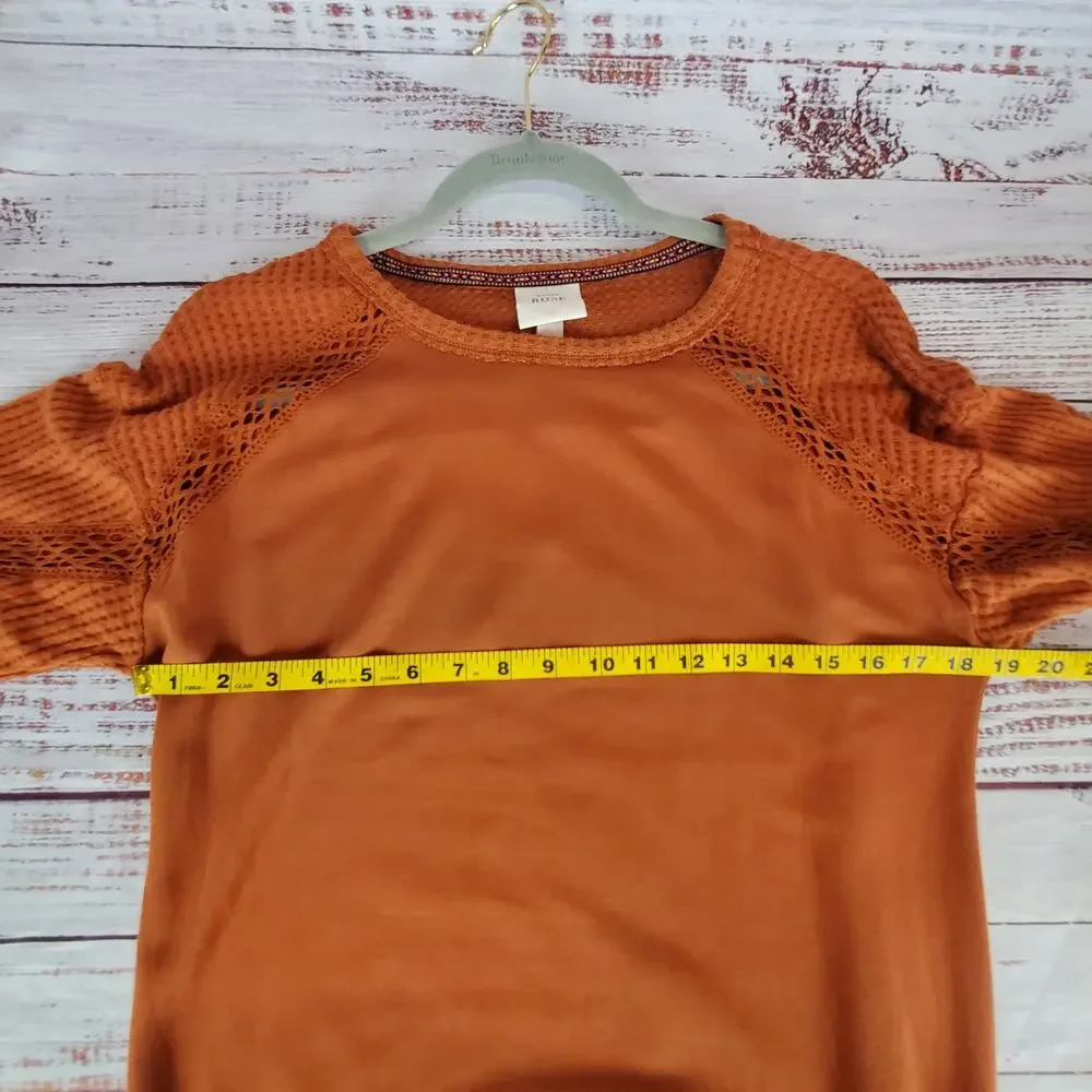 Knox Rose Lace Waffle Knit Thermal Top M Burnt Orange Sweater Earthy Neutral NWT